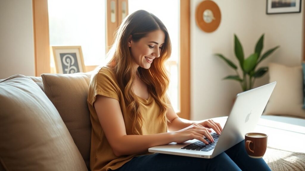 Australian woman typing on laptop at home workspace