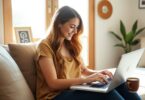 Australian woman typing on laptop at home workspace