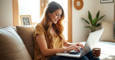 Australian woman typing on laptop at home workspace