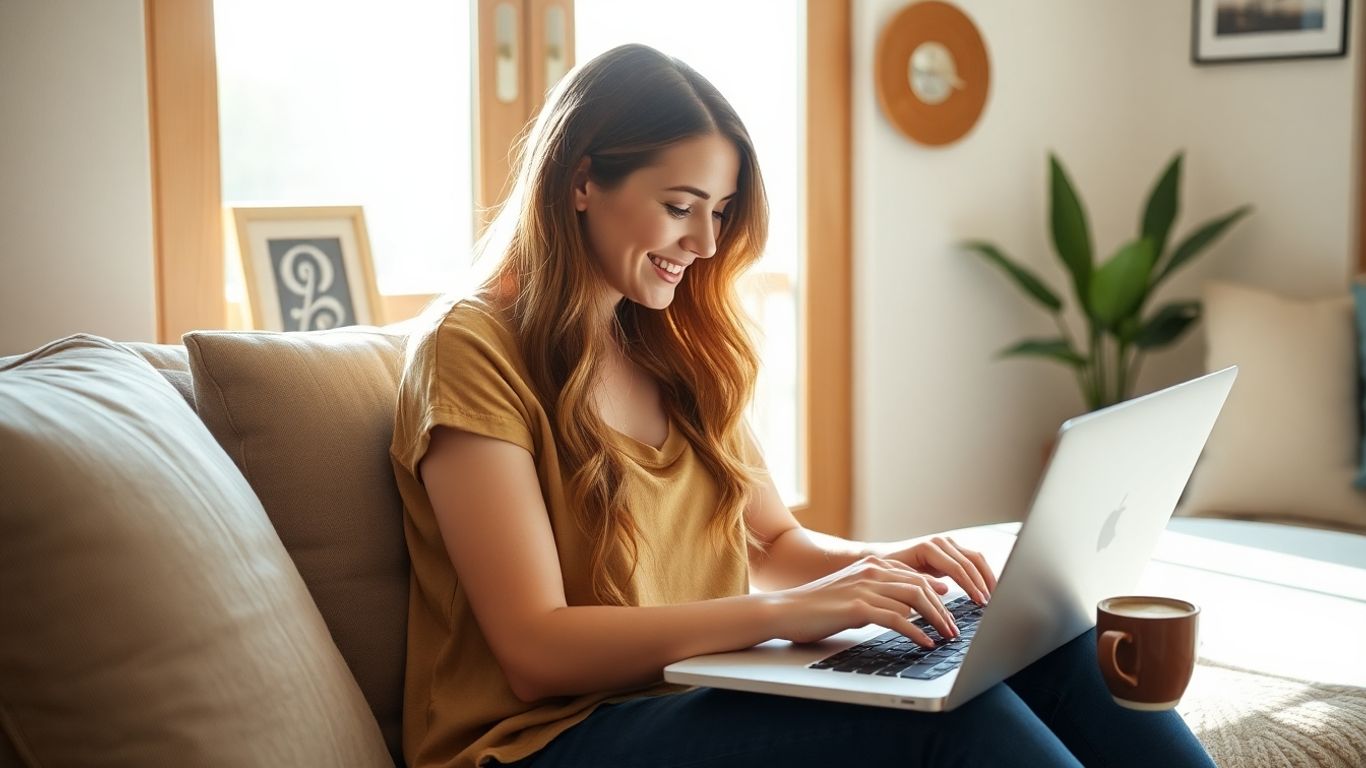 Australian woman typing on laptop at home workspace