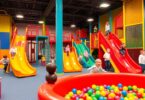 Children playing on colourful indoor play equipment