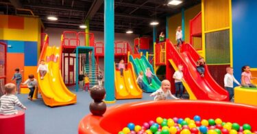 Children playing on colourful indoor play equipment