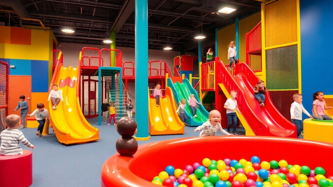 Children playing on colourful indoor play equipment