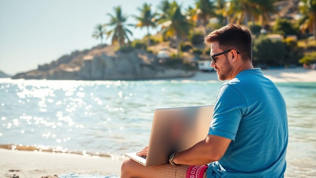 Person working remotely on laptop at Australian beach.