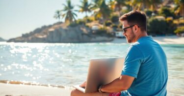 Person working remotely on laptop at Australian beach.
