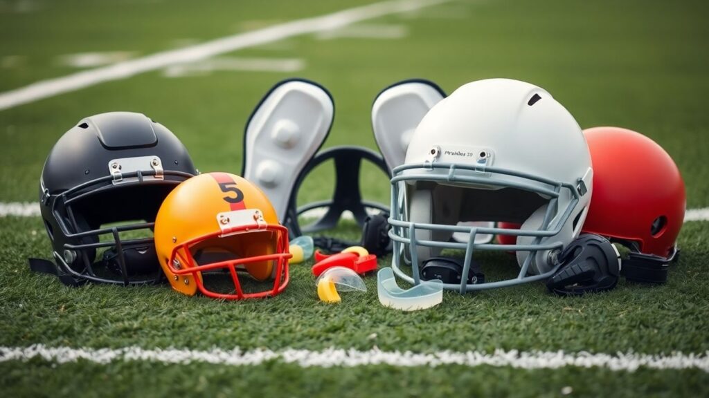 Sports safety gear on a green field.