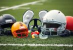 Sports safety gear on a green field.