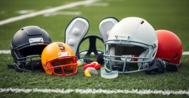 Sports safety gear on a green field.