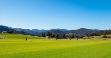 Blue Mountains Football Club grounds with players on field.