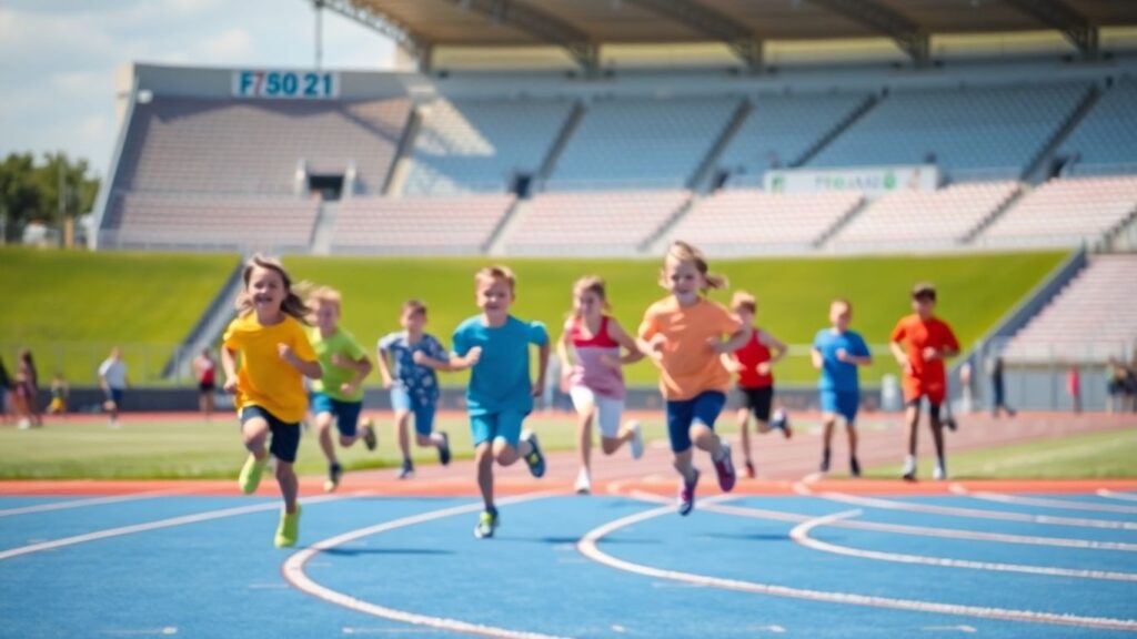 Kids running and jumping at a Little Athletics event.