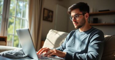 Person typing on laptop at home.