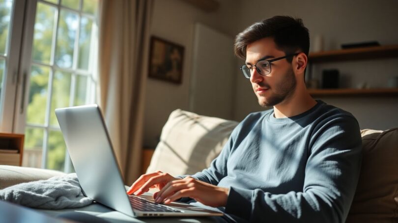 Person typing on laptop at home.