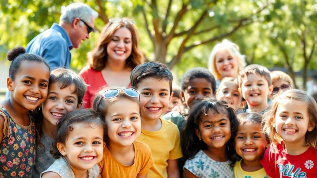 Australian children with adults in a safe outdoor setting