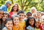 Australian children with adults in a safe outdoor setting