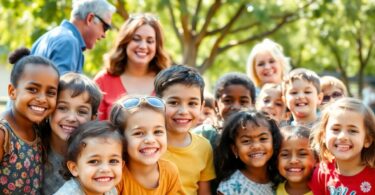 Australian children with adults in a safe outdoor setting