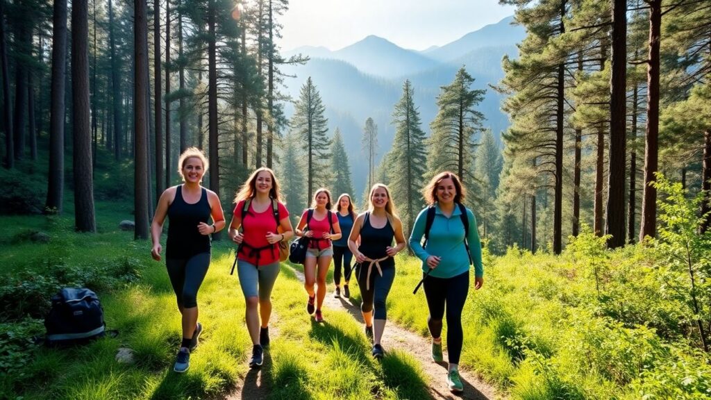 Group hiking in Victoria forest for weight loss retreat