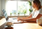 Australian woman typing online job laptop at home