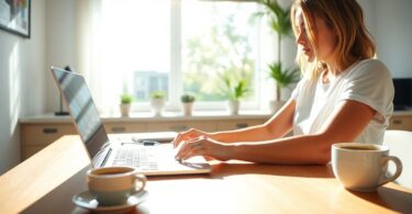 Australian woman typing online job laptop at home