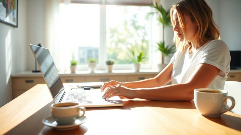 Australian woman typing online job laptop at home