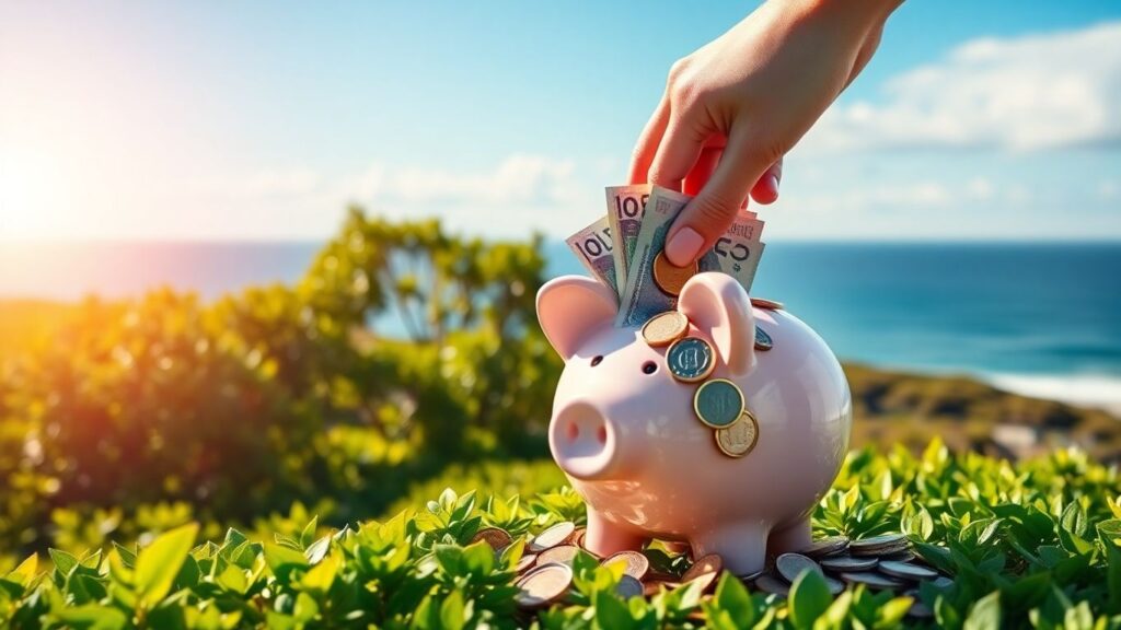 Australian piggy bank overflowing with money.