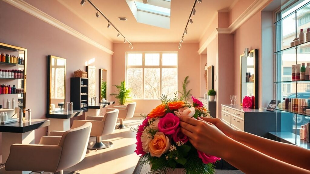 Modern beauty parlour interior with styling stations and products.