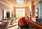 Modern beauty parlour interior with styling stations and products.
