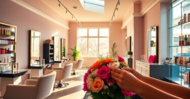 Modern beauty parlour interior with styling stations and products.
