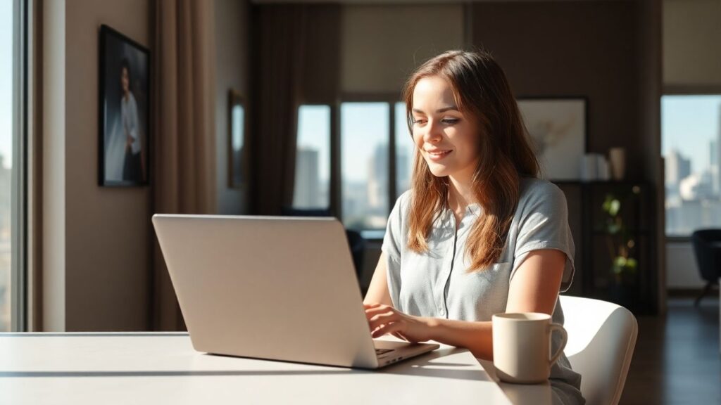 Australian woman typing at home on laptop for work