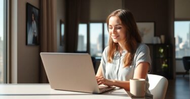 Australian woman typing at home on laptop for work