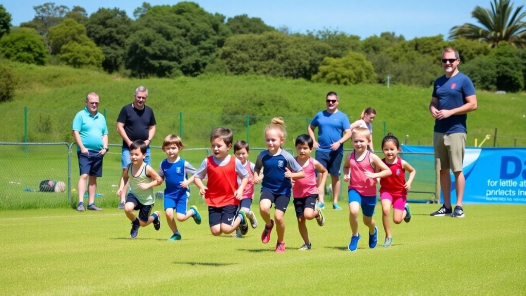 Kids running athletics race with parents cheering nearby