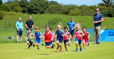 Kids running athletics race with parents cheering nearby