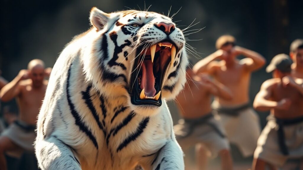 White tiger roaring, dynamic martial arts background.