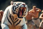 White tiger roaring, dynamic martial arts background.