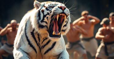 White tiger roaring, dynamic martial arts background.