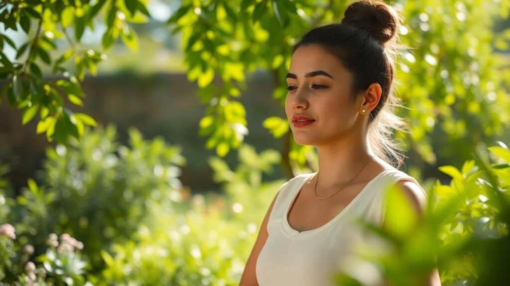 Person meditating in a peaceful Melbourne garden.