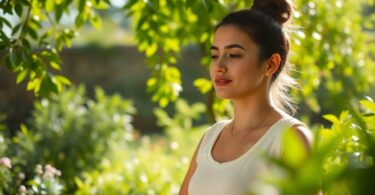 Person meditating in a peaceful Melbourne garden.