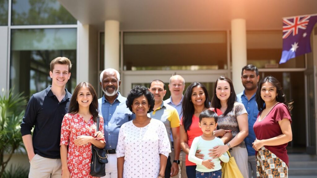 Multicultural group outside building with Australian flag