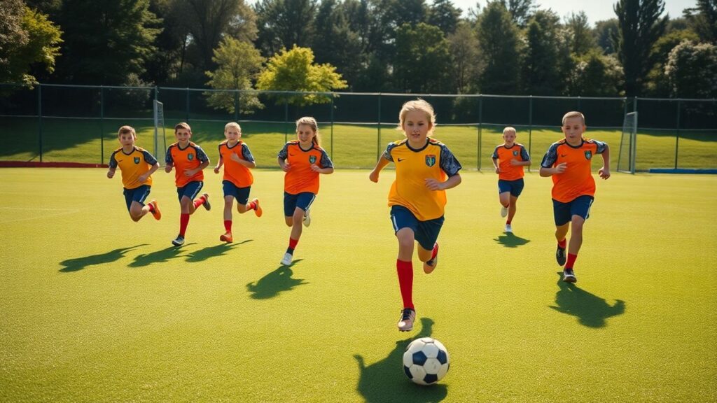 Footballers playing 5-a-side on a green pitch.