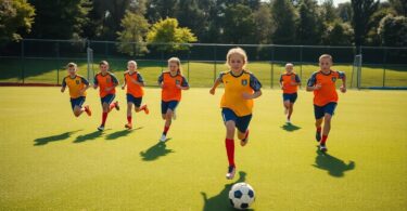 Footballers playing 5-a-side on a green pitch.