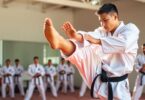 Karate student performing a high kick in class