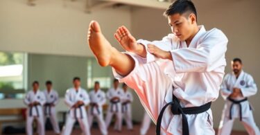 Karate student performing a high kick in class