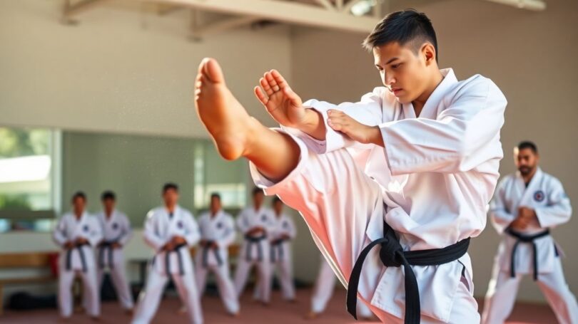 Karate student performing a high kick in class