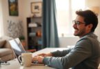 Person working on laptop at home desk