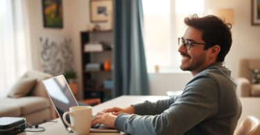 Person working on laptop at home desk