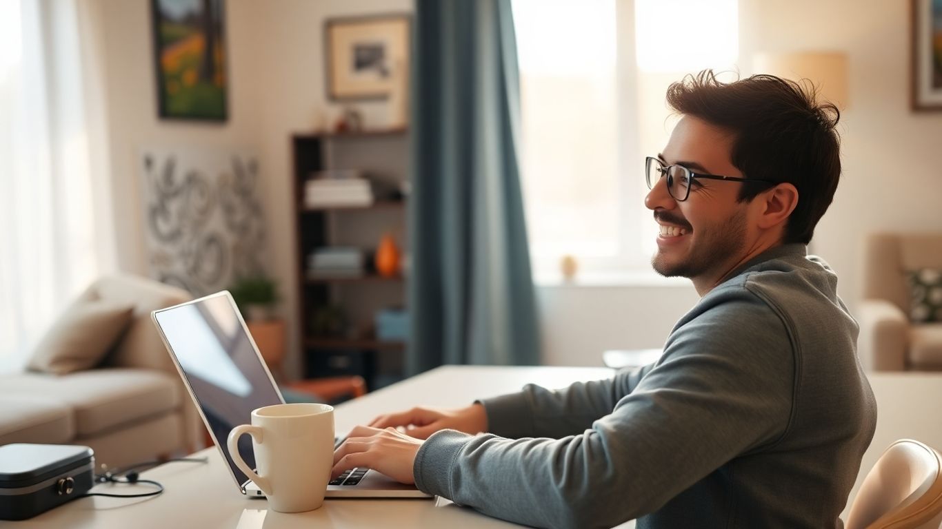 Person working on laptop at home desk