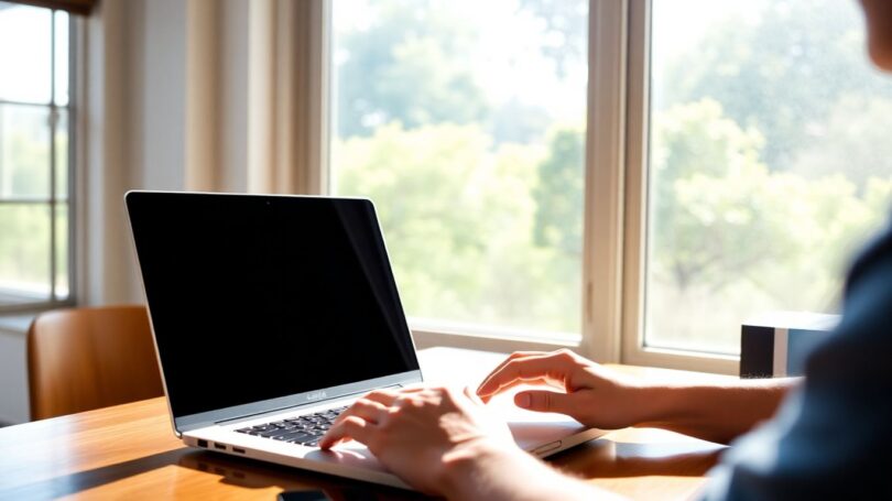 Person working on laptop at home in Australia.