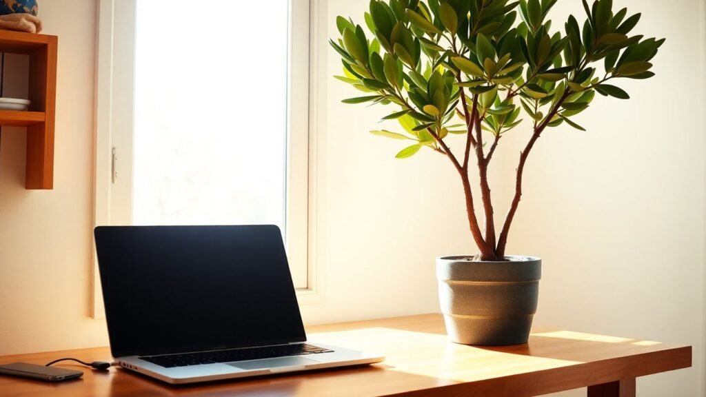 Australian home office with laptop and plant