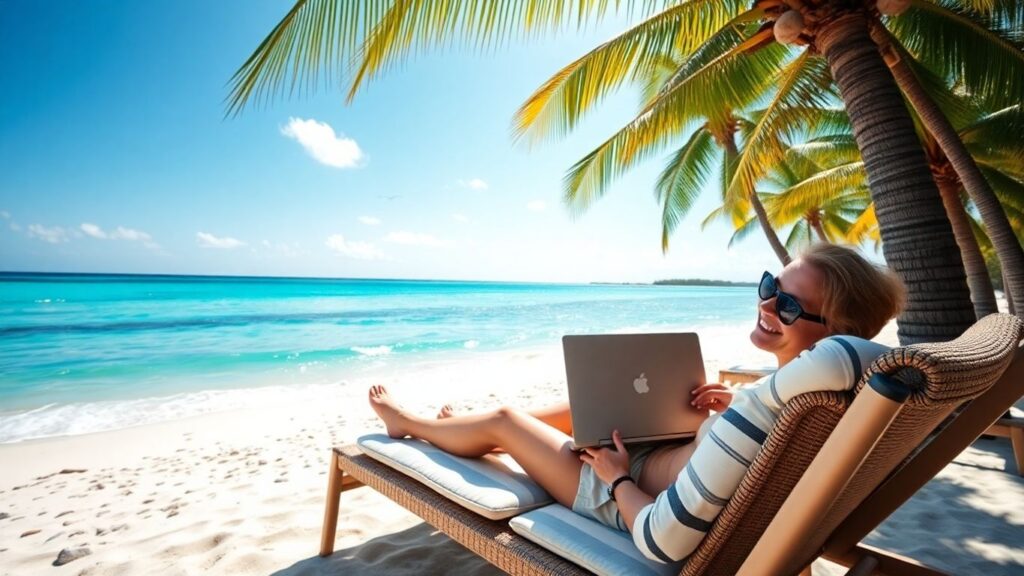 Person working on laptop at Australian beach