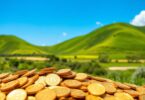 Australian landscape with golden coins and green hills.