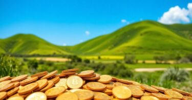 Australian landscape with golden coins and green hills.